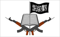 Ein Banner der Organisation Boko Haram mit Koran, Gewehren und Flagge.
