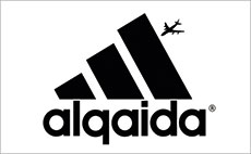 Abgewandeltes „adidas“-Logo mit Schriftzug „alqaida“ und einem Flugzeug.