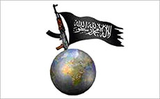 Ein Banner der Vereinigung AQM mit Weltkugel, Gewehr und Flagge.