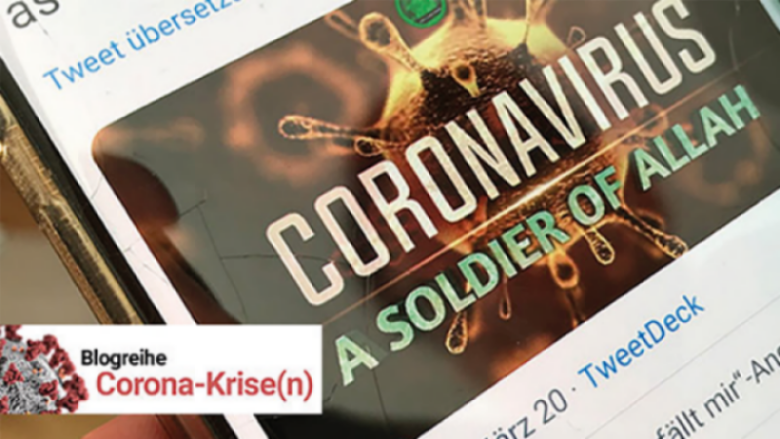 Auf einem Handybildschirm ist ein Bild mit dem mit dem Text Coronavirus a soldier for allah zu sehen.