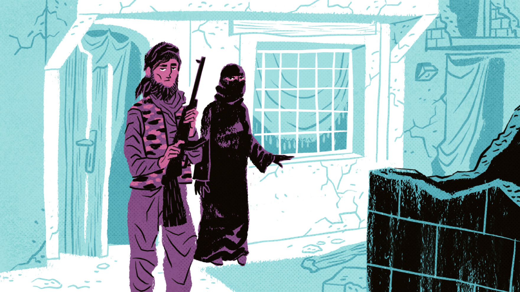 Illustration: Leonies Mann steht mit einer Waffe vor einem Haus, daneben steht Leonie in einer Burka.