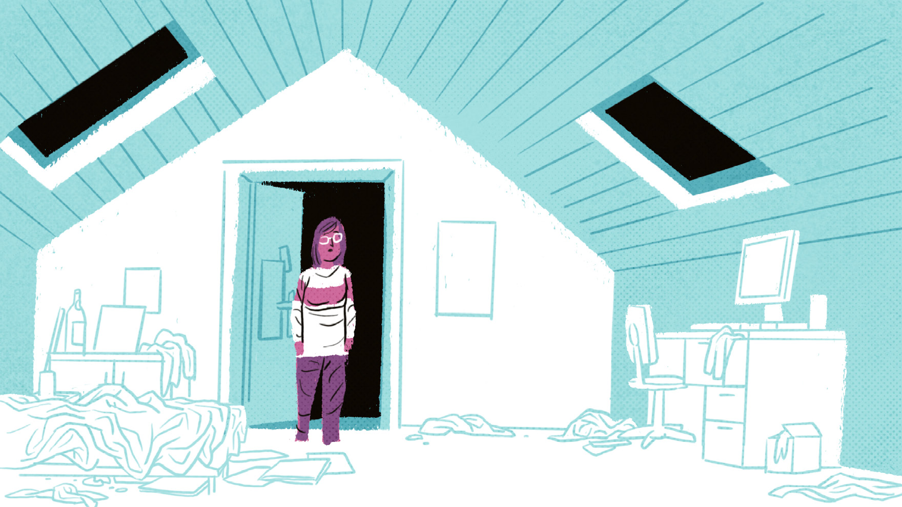 Illustration: Leonies Mutter steht in einem durchwühlten Zimmer. 
