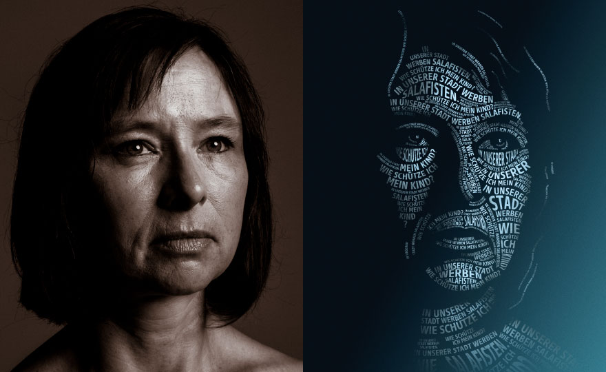 Zwei Bilder. Bild 1: unbearbeitetes Porträtfoto einer Frau. Bild 2: dieselbe Frau als Kampagnen-Gesicht.