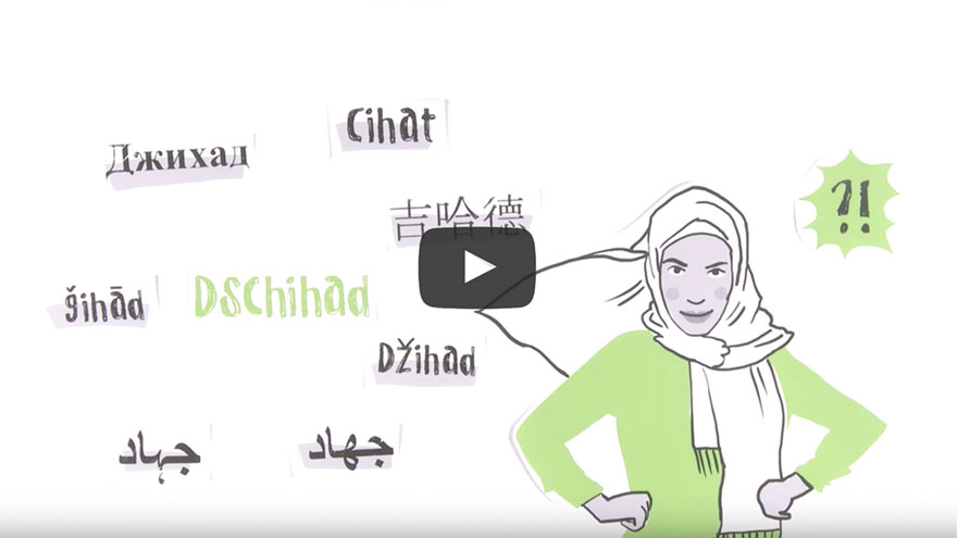 Screenshot aus dem Video „Was bedeutet Dschihad?“. Grafik: Frau mit Kopftuch, daneben das Wort „Dschihad“ in mehreren Sprachen.