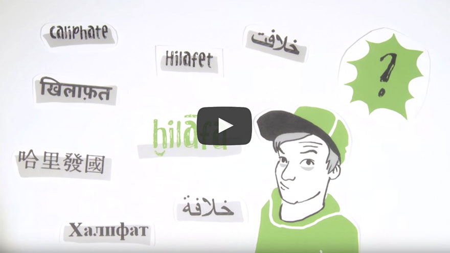 Screenshot aus dem Video „Was bedeutet Kalifat?“. Grafik: Junge mit Baseballkappe, daneben der Begriff „Kalifat“ in verschiedenen Sprachen. 