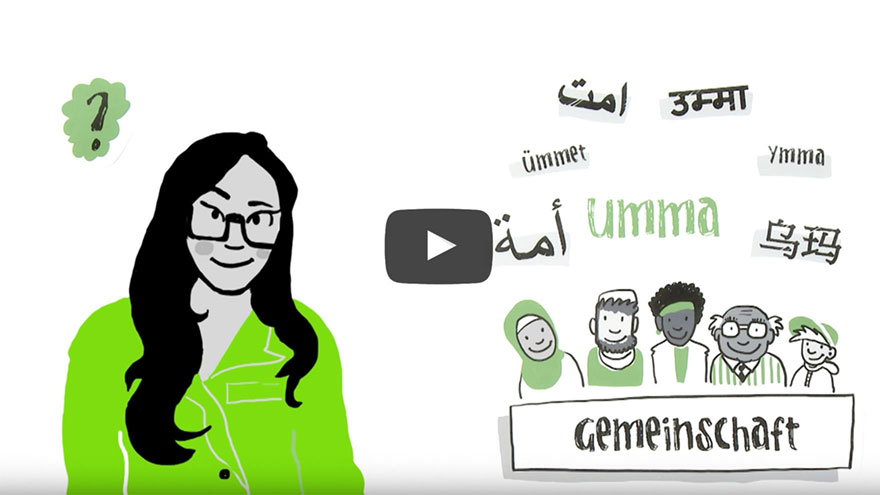 Screenshot aus dem Video „Was bedeutet Umma?“. Grafik: Mädchen mit Brille, daneben eine Menschengruppe und die Wörter „Umma“ und „Gemeinschaft“.