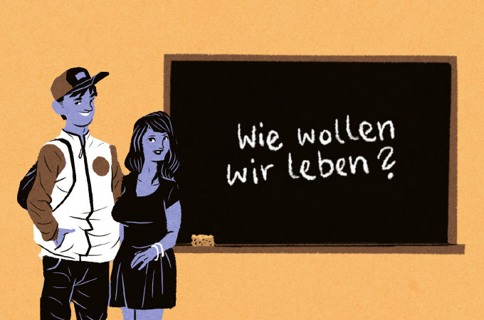 Illustration: Zwei jugendliche stehen vor einer Tafel auf der geschrieben steht „Wie wollen wir leben?“